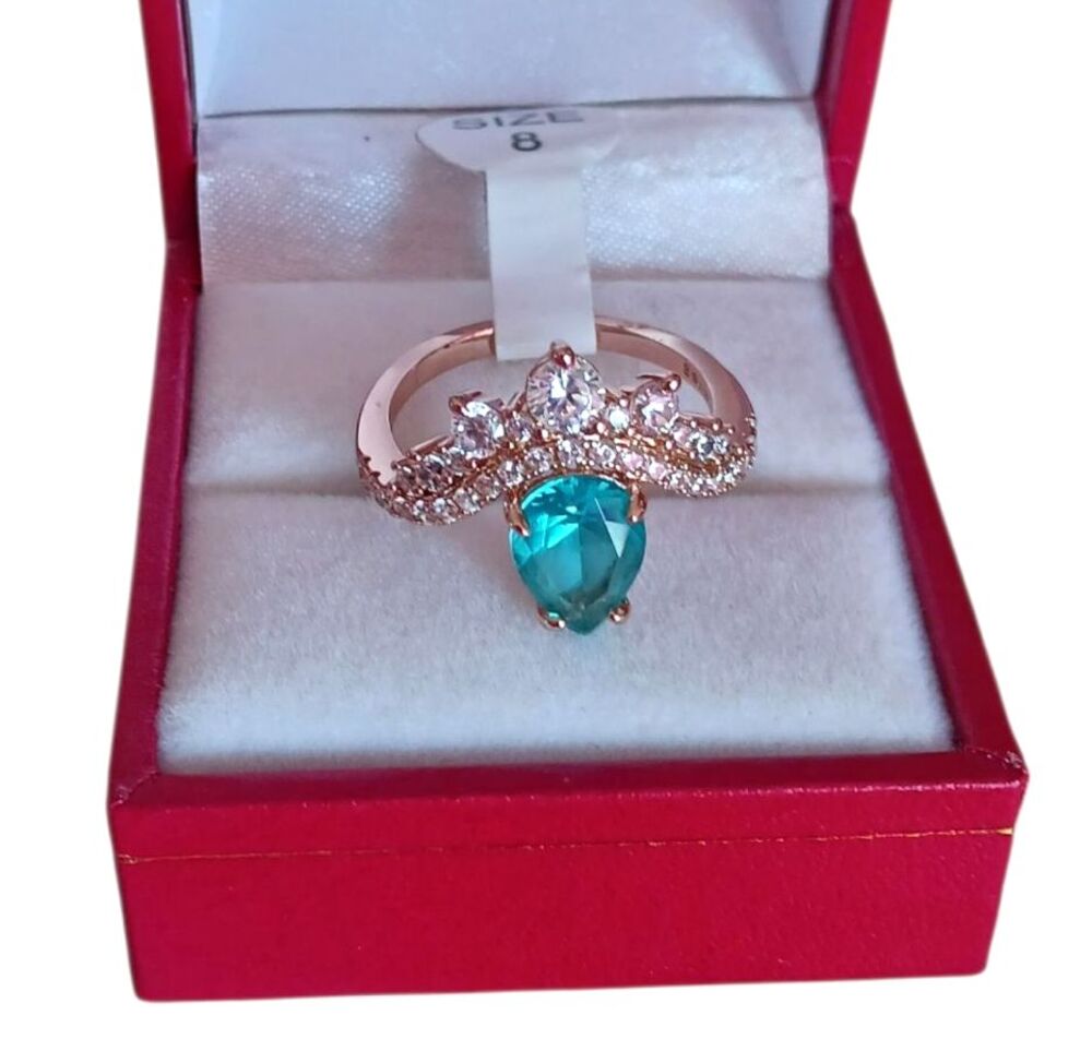 BOMB PARTY Aquamarine Lab Created Rose Gold Plated Ring Size 8 Pear Shape Signed